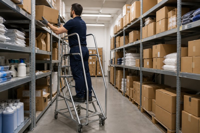 Salarié rangeant des cartons sur un rayonnage dans la réserve d'un magasin