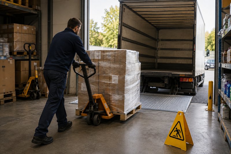 Réception d'une livraison de palettes à l'arrière d'un magasin avec un transpalette