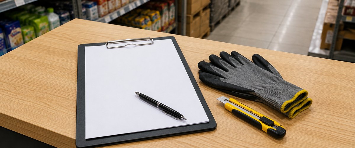 Fiche de contrôle vierge, stylo et cutter de sécurité posés sur un comptoir de magasin