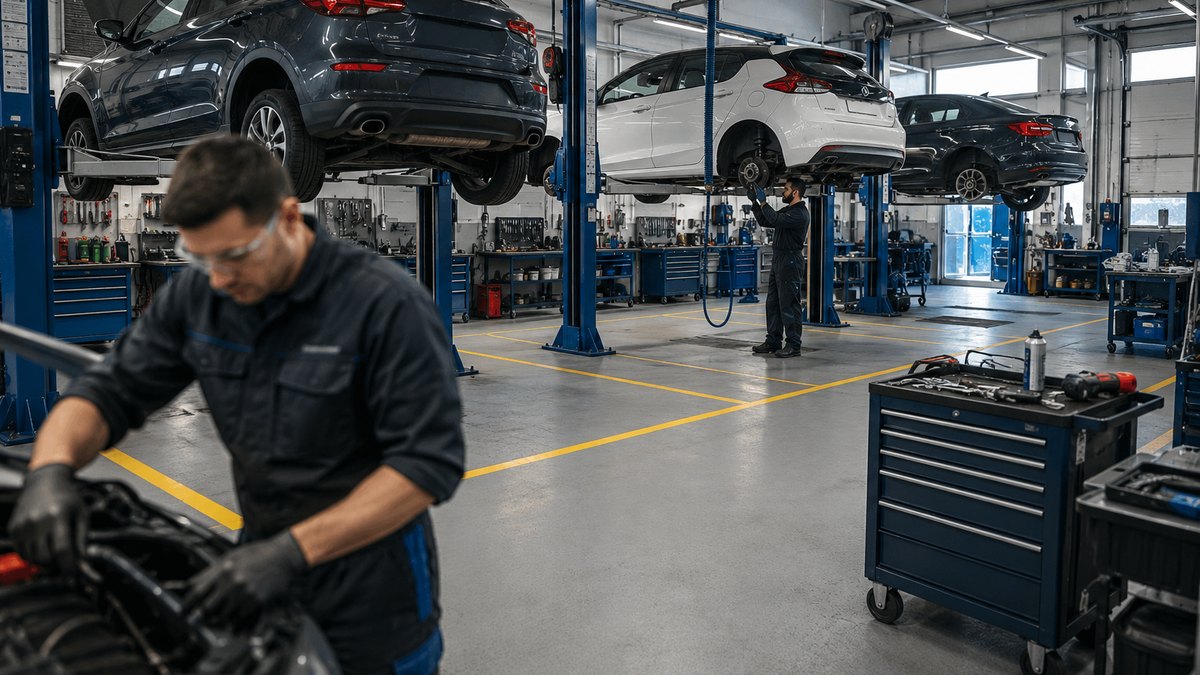 Atelier de garage automobile avec véhicules sur ponts élévateurs