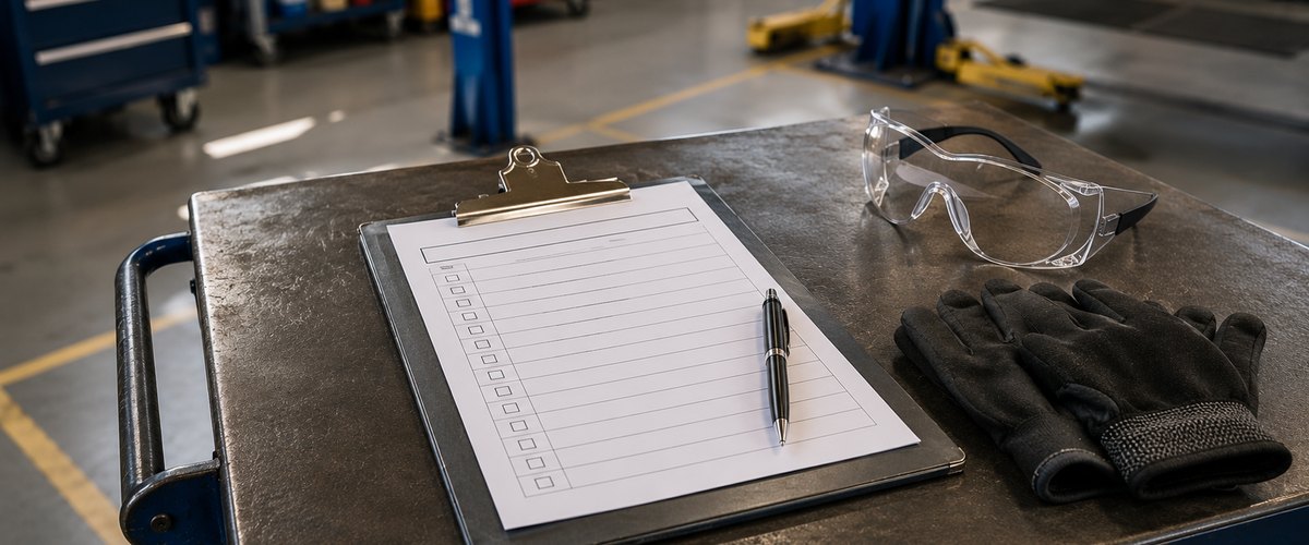 Fiche de contrôle, stylo, lunettes de protection et gants posés sur une desserte d'atelier