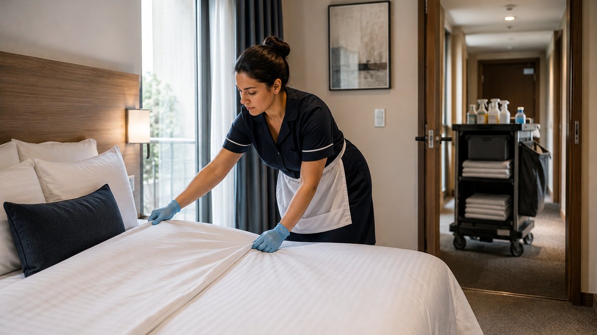 Femme de chambre refaisant un lit dans une chambre d'hôtel, chariot de ménage dans le couloir