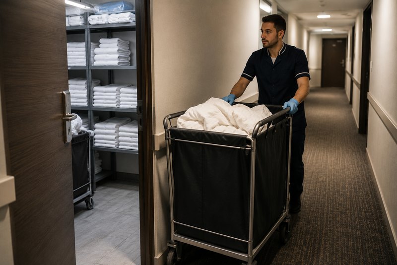 Employé poussant un chariot de linge chargé dans le couloir de service d'un hôtel