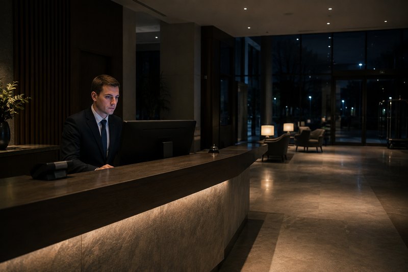Réceptionniste seul derrière le comptoir d'accueil d'un hôtel en soirée