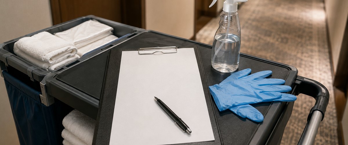 Fiche de contrôle vierge, stylo, gants et flacon de produit posés sur un chariot de ménage d'hôtel