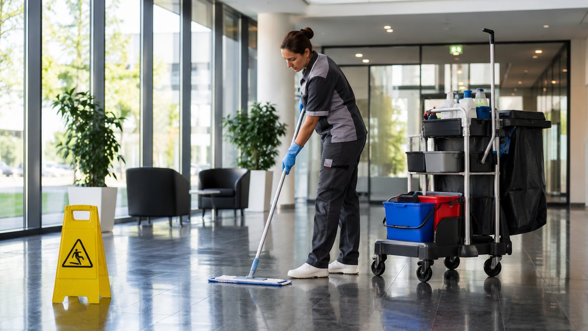 Agent de propreté nettoyant le sol d'un hall de bureaux avec un chariot de ménage professionnel