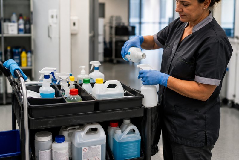 Agent de propreté portant des gants de protection et préparant un produit d'entretien sur un chariot