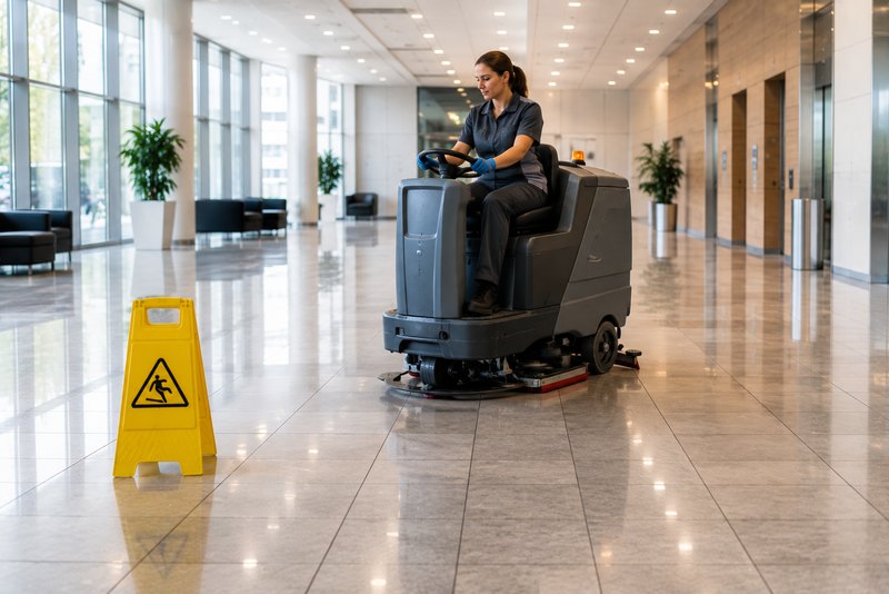 Agent conduisant une autolaveuse dans un hall, panneau de signalisation de sol glissant en place