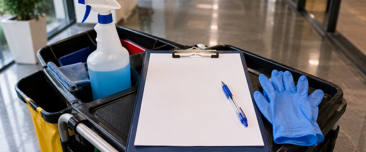 Fiche de contrôle vierge, stylo et gants de protection posés sur un chariot de ménage professionnel