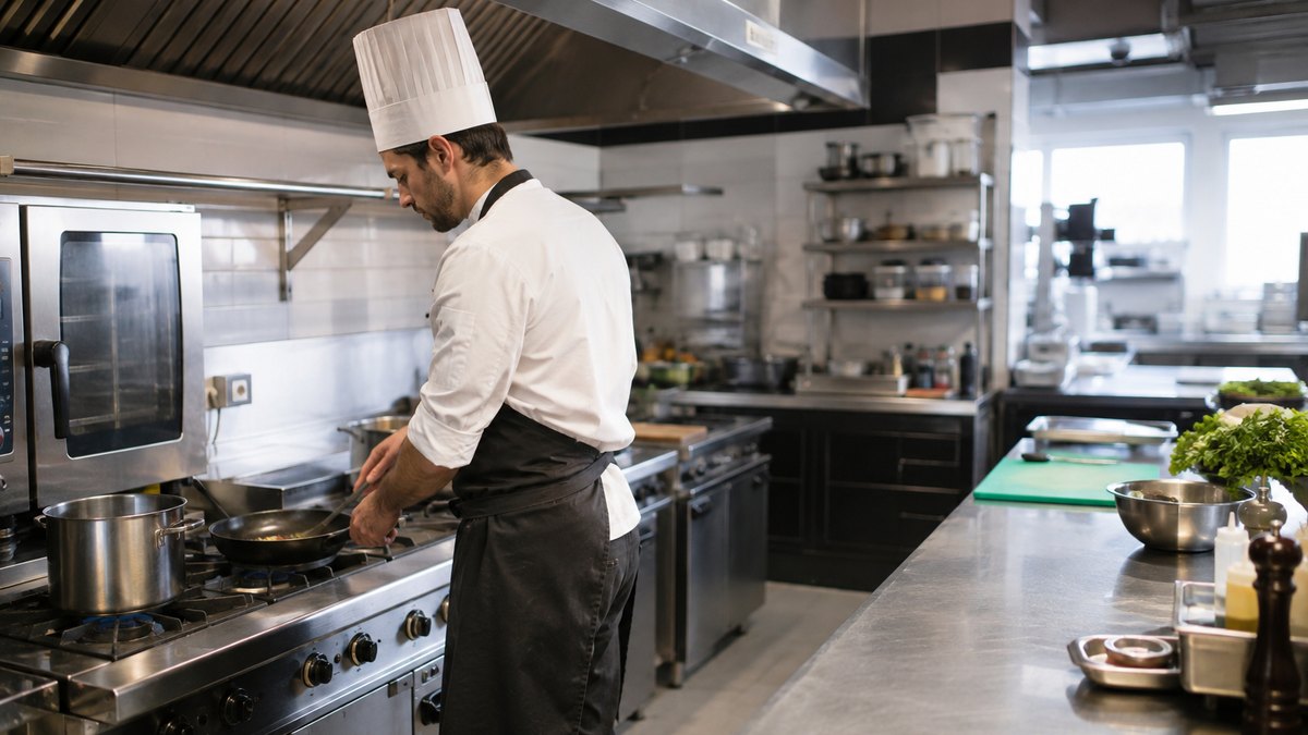 Cuisinier au travail dans une cuisine professionnelle, équipements de cuisson en fonctionnement