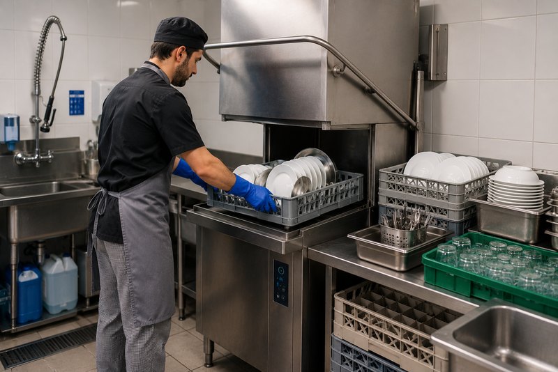 Salarié à la plonge d'un restaurant, gants de protection et vaisselle en cours de nettoyage