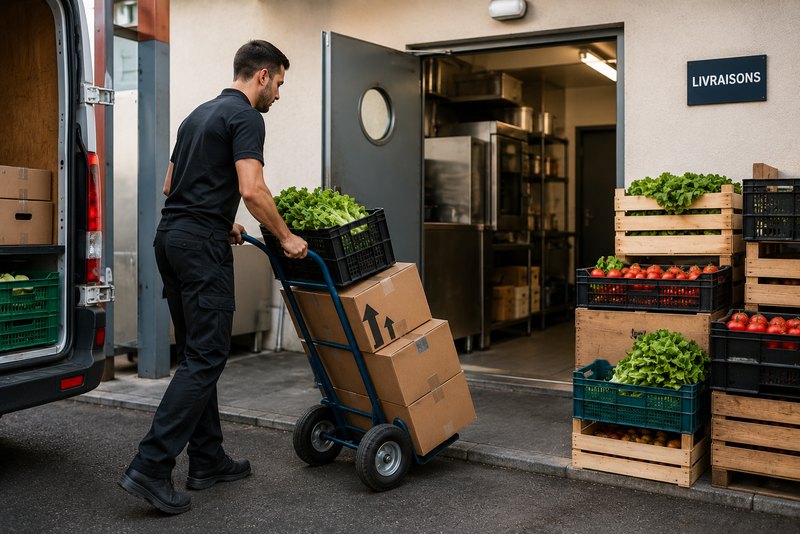 Réception et manutention de caisses de marchandises à l'arrière d'un restaurant