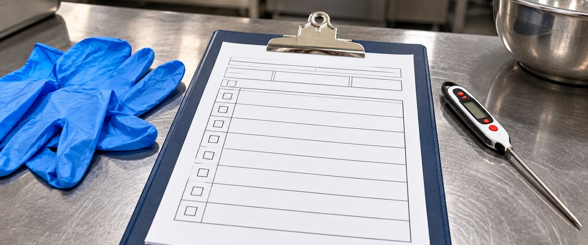 Fiche de contrôle vierge, stylo et équipements de protection posés sur un plan de travail de cuisine
